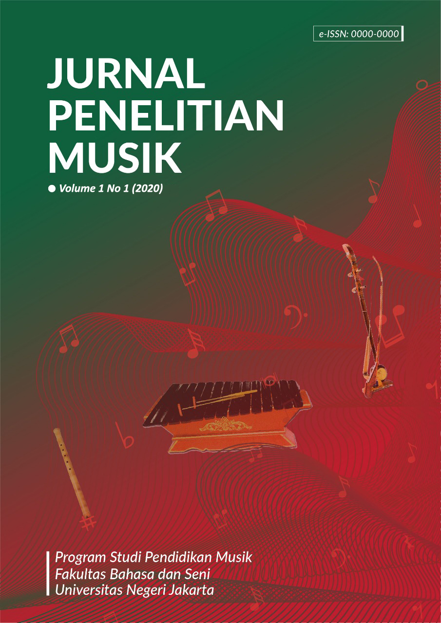 urnal Penelitian Musik is a publicly accessible journal published by Department of Music Education, Faculty of Languages and Arts, Jakarta State University (UNJ). Jurnal Penelitian Musik collaboration with Asosiasi Pendidik Seni Indonesia (APSI) and Asosiasi Profesi Pendidik Sendratasik Indonesia (AP2SENI). This journal is published twice a year, every March and August. This journal contains the results of music research in the fields of music education, music studies, composition, technology, media, psychology, performing arts, and others in music scope. Jurnal of Music Research can be a reference for academics, practitioners and researchers in scientific publications in the field of music