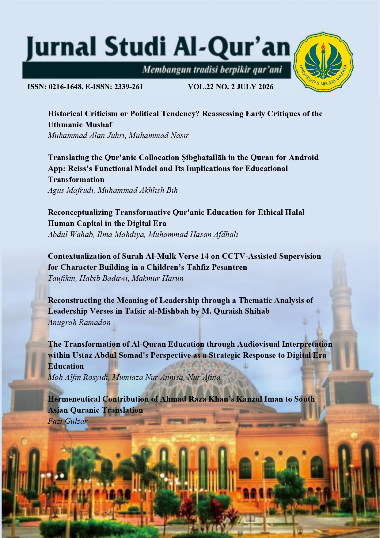 					View Vol. 22 No. 2 (2026): Jurnal Studi Al-Qur'an
				
