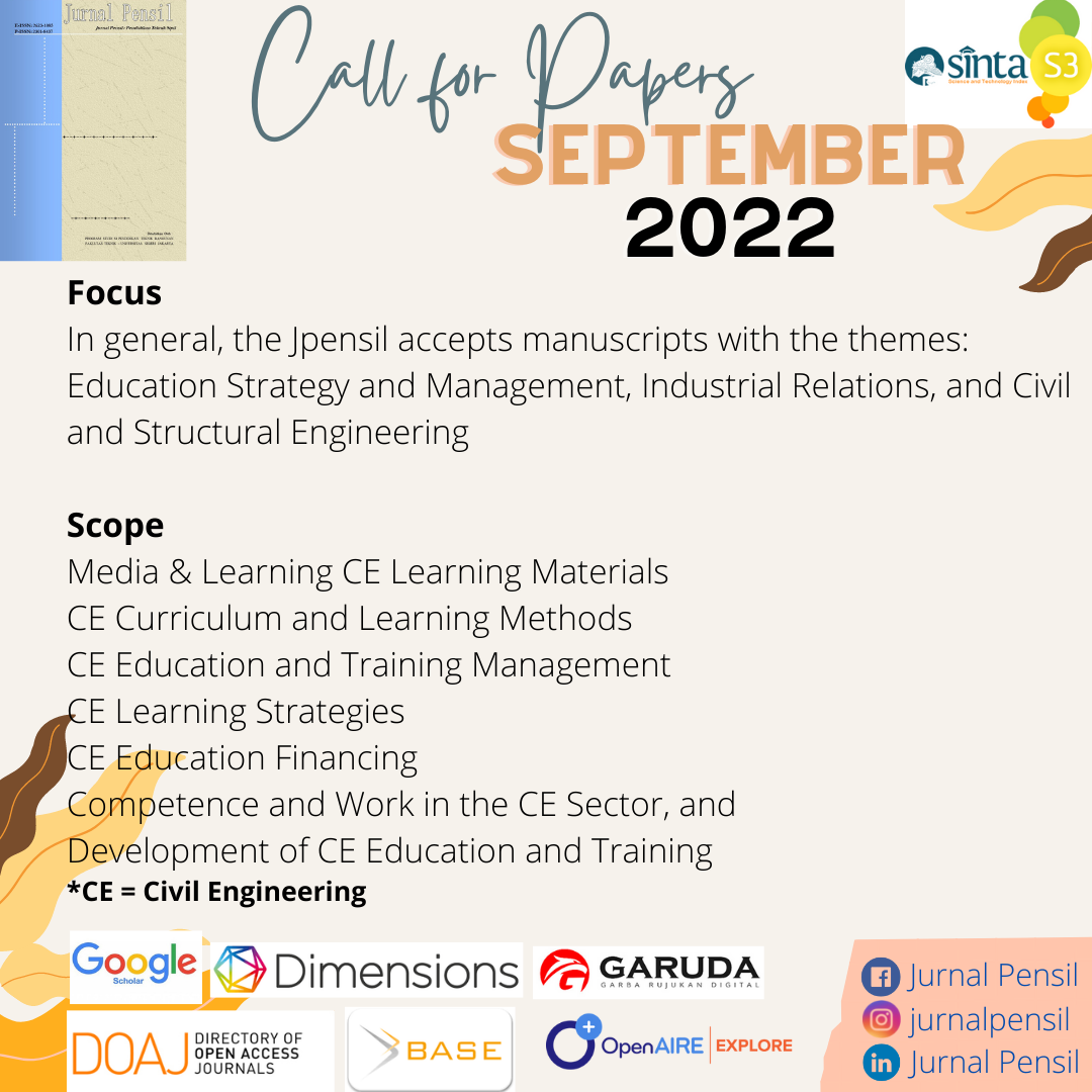 Call for Papers September 2022 | Jurnal Pensil : Pendidikan Teknik Sipil